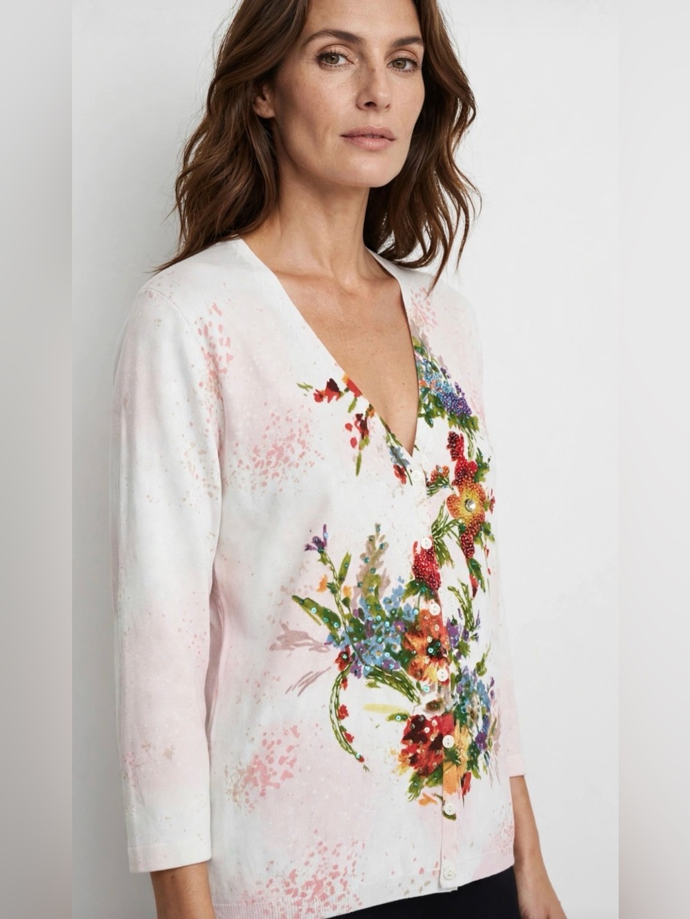 BCBGMAXAZRIA Y2K V-Neck Button Front Women's White Floral Print Cardigan Sz XL